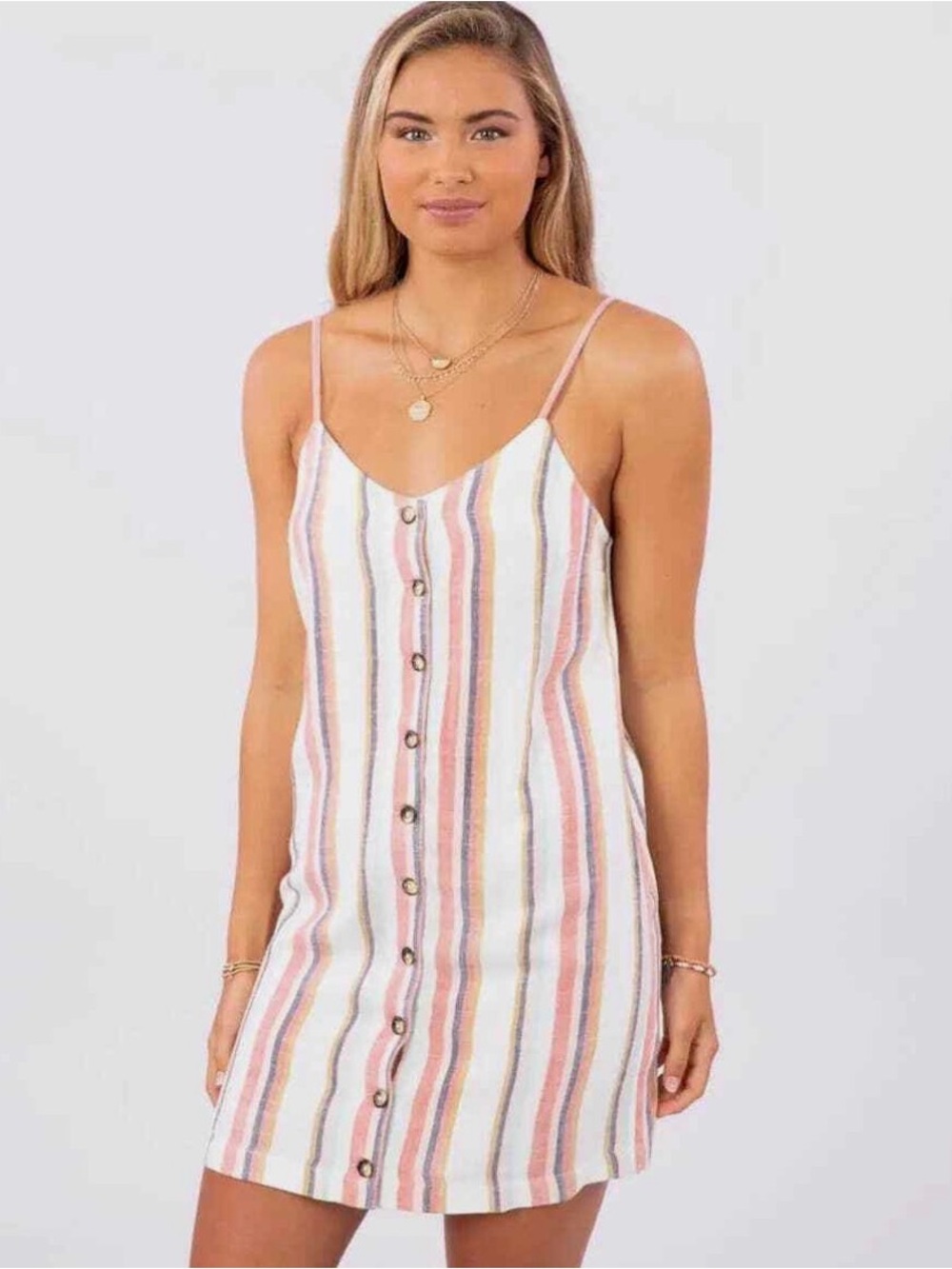 Striped Button-Front Spaghetti Strap Beach Cover Up Dress Rip Curl